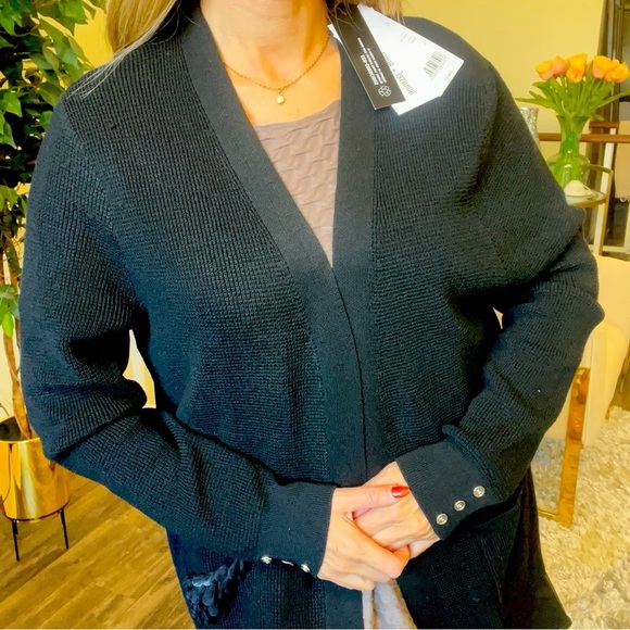 NWT Chloe +Jasmine Long Sleeve V Neck Open Front Pocketed Black Knit Cardigan L - Picture 4 of 13